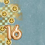 Trendy verjaardagskaart folieballon 16 foto smileys goud 2