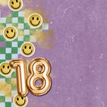 Trendy verjaardagskaart folieballon 18 jaar foto smiley goud 2