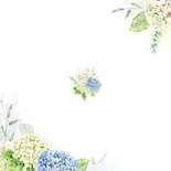 Trouwkaart hortensia's in blauw en wit Achterkant