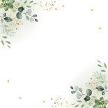 Trouwkaart just married botanisch groen blaadjes goudlook Achterkant