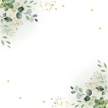 Trouwkaart just married botanisch groen blaadjes goudlook Achterkant