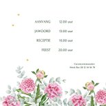 Trouwkaart roze pioenrozen en eucalyptus 2