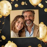 Uitnodiging dubbel feest gouden ballonnen confetti antraciet 2