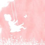 Uitnodiging lentefeest silhouet meisje op schommel waterverf 2