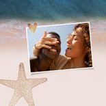 Vakantiekaart strand zee goud foto hout 2
