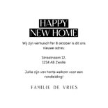 Verhuiskaartje happy new home wit met zwart en hartje 3