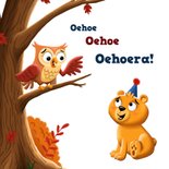 Verjaardagkaart uil en lief beertje in een bos 2