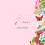 Verjaardagskaart aardbeien bloemen vlinder lettering 3