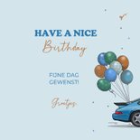 Verjaardagskaart auto sportauto blauw met ballonnen 3