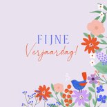 Verjaardagskaart bloemen lila met vogels 3