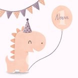 Verjaardagskaart dinosaurus met hoedje en vlagjes 2