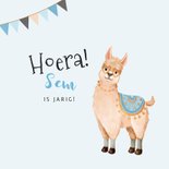 Verjaardagskaart kind 5 jaar alpaca slingers 2