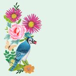 Verjaardagskaart lente bloemen met vlinders en vogel 2