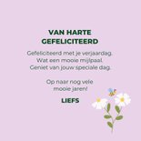 Verjaardagskaart lila met bloemen en bijen hiep hoera 3