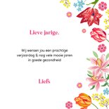 Verjaardagskaart met tulpen en kleurrijke bloemen 3