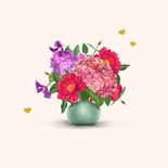 Verjaardagskaart vaas met bloemen rood-paars 2