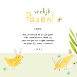 Vrolijk paaskaartje eieren kuiken konijn bloemen groen geel 3