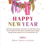 Vrolijke nieuwjaarskaart strikken sterren goud streep 3