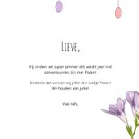 Vrolijke paaskaart met voorjaarsbloemen, vogeltje en foto 3