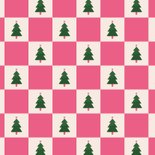  Vrolijke roze foto kerstkaart blokjespatroon met kerstbomen Achterkant