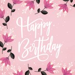Vrolijke roze verjaardagskaart met hippe bloemen  2