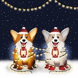 Winterse Save the Date kaart met 2 corgi honden en lampjes 2