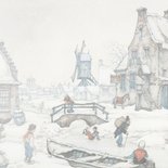 Zakelijke kerstkaart Anton Pieck besneeuwd landschap molen 2