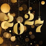 Zwarte kerstkaart met gouden 2027 met glitter 2