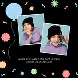 Zwarte uitnodiging kinderfeestje met foto en confetti 2