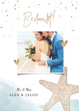 Bedankkaart bruiloft strand klassiek zeester goud