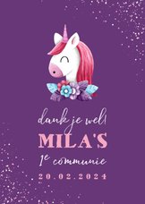 Bedankkaart communie met unicorn en confetti