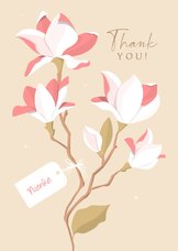 Bedankkaart illustratie wit-roze magnoliatak met naamlabel