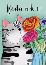 Bedankkaart kat met vaas bloemen - SK