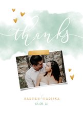 Bedankkaart 'THANKS' met waterverf, gouden hartjes en foto