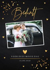 Bedankkaart trouwen foto goudlook confetti