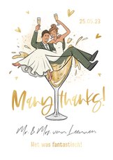 Bedankkaart trouwkaart cartoon grappig champagne thanks