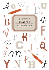 Bedankkaartje lieve juf met alfabet letters en vintage label