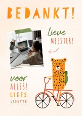 Bedankkaartje meester luipaardje op fiets met foto