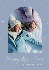 Blauwe nieuwjaarskaart met foto en holografische sterretjes