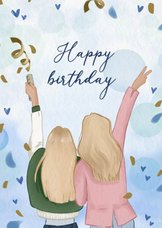 Blauwe verjaardagskaart voor beste vriendinnen met confetti