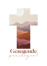 Christelijke paaskaart met kruis landschap en open graf