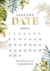Communie save the date kalender botanisch watercolour goud