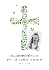 Communie uitnodiging klassiek kruis hartjes foto