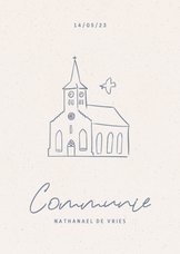 Communie uitnodiging met illustratie van kerkje en duifje