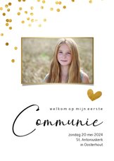 Communiekaart met gouden confetti stippen en eigen foto