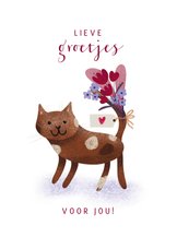 Dierenkaart met kat die bos bloemen en groetjes brengt