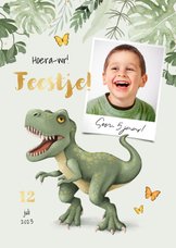 Dinosaurus kinderfeestje uitnodiging T-rex jungle bladeren