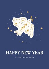 Donkerblauwe nieuwjaarskaart met vredesduifje