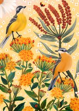 Een zonnige beterschapskaart met vogels en bloemen
