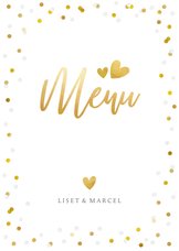 Feestelijke menukaart trouwen met confetti en goud